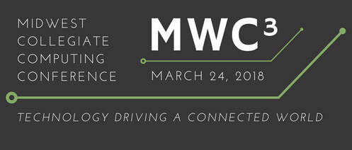 Banner for the Midwest Collegiate Computing Conference (MWC³), held on March 24, 2018, with the tagline "Technology Driving a Connected World." The design features green circuit-like lines on a dark background.
